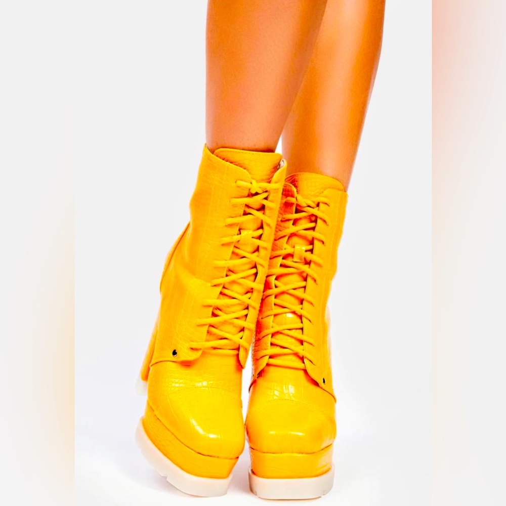 Mustard Yellow Vegan Crocodile Platform Combat Boots